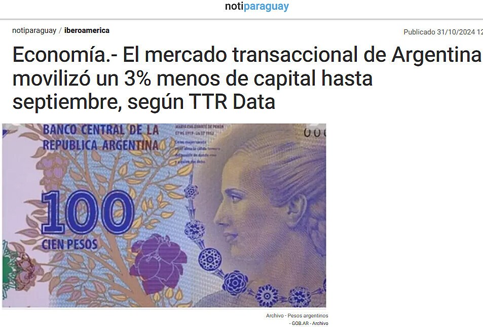 Economa.- El mercado transaccional de Argentina moviliz un 3% menos de capital hasta septiembre, segn TTR Data